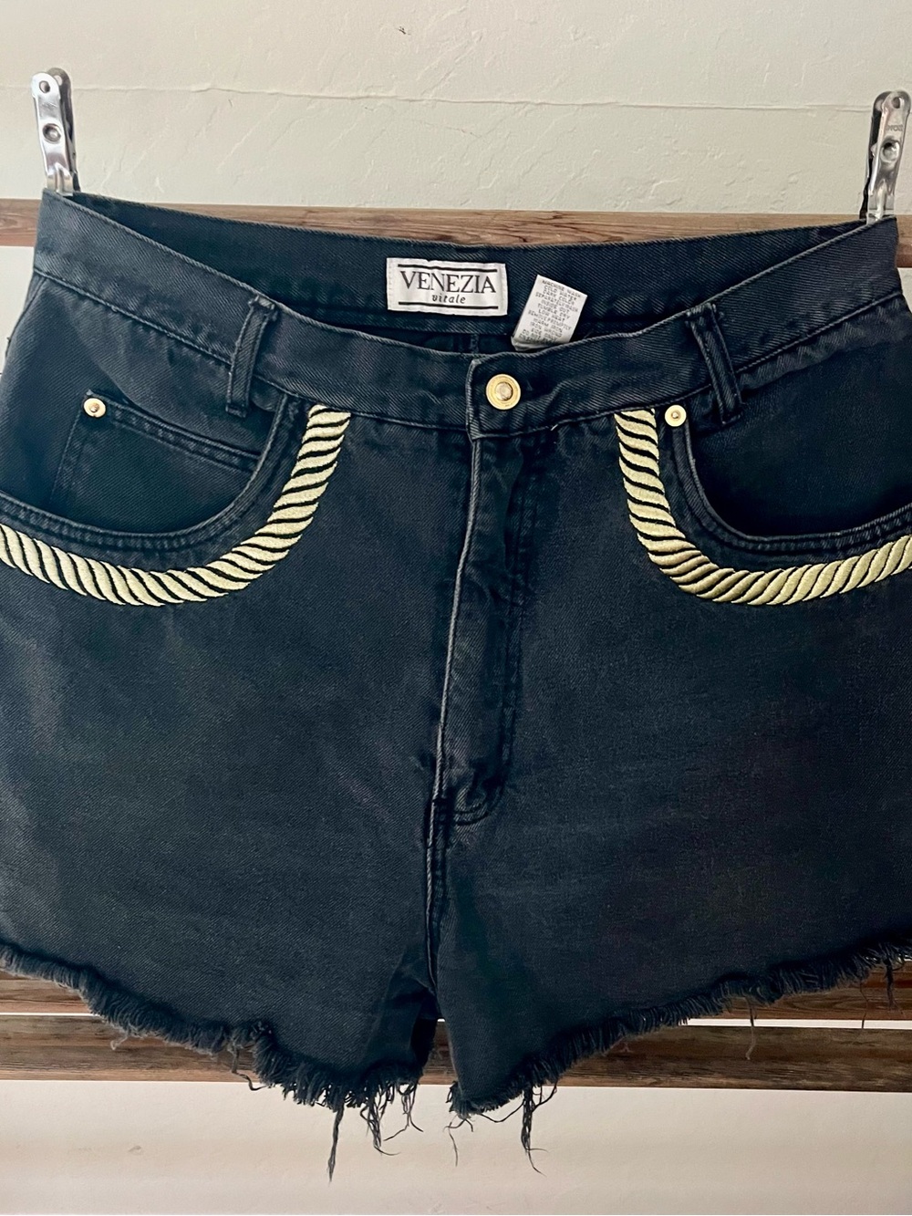 Venezia Black Denim Shorts with Gold Rope Pocket Trim